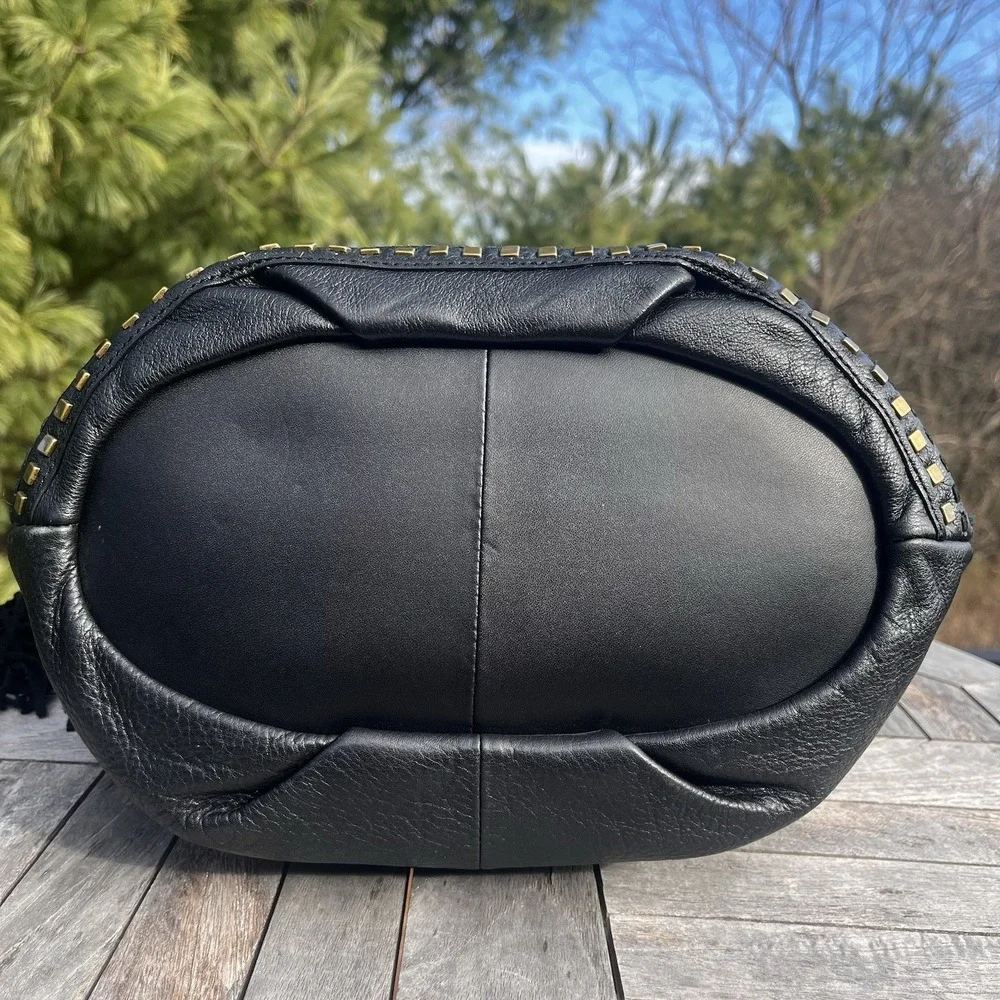Calvin Klein Hobo Shoulder Bag Black Pebbled Leather Studded Tassel Accent Purse